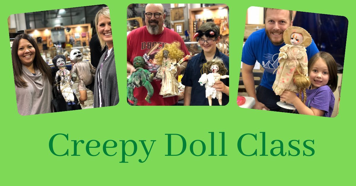 Handmade creepy dolls on a shelf